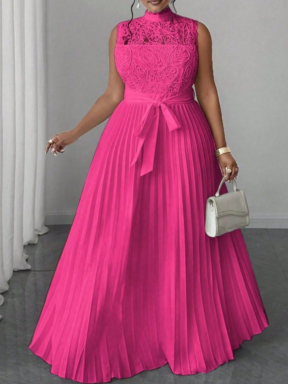 Hot Pink Elegant Women's Plus Size Lace Pleated Waist Sleeveless Dress - Picture 5 of 7